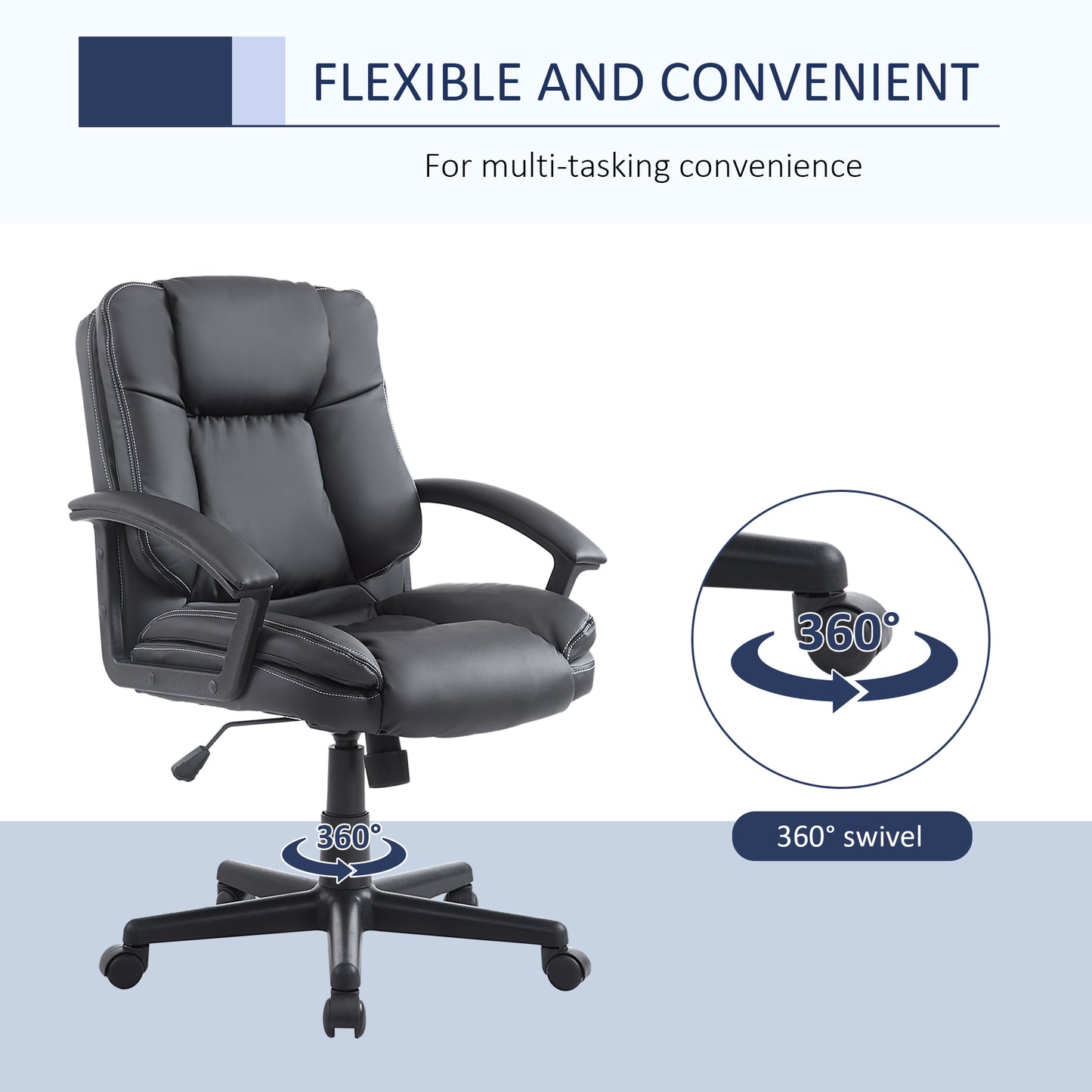 HOMCOM Desk Chair, PU Leather Office Chair with Adjustable Height and Swivel Wheels, for Home Work Study, Black