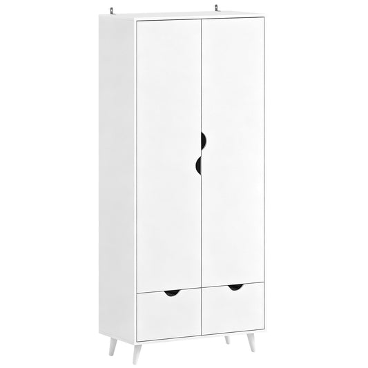 Photo of HOMCOM Elegant Home Storage Organisation Furniture, 2-Door Clothes Wardrobe with 2 Drawers, Wood Feet, White in White colour on a white background