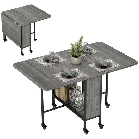 HOMCOM grey drop-leaf table shown folded and fully extended for dining