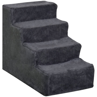 Four-step dark gray pet stairs with a soft plush cover