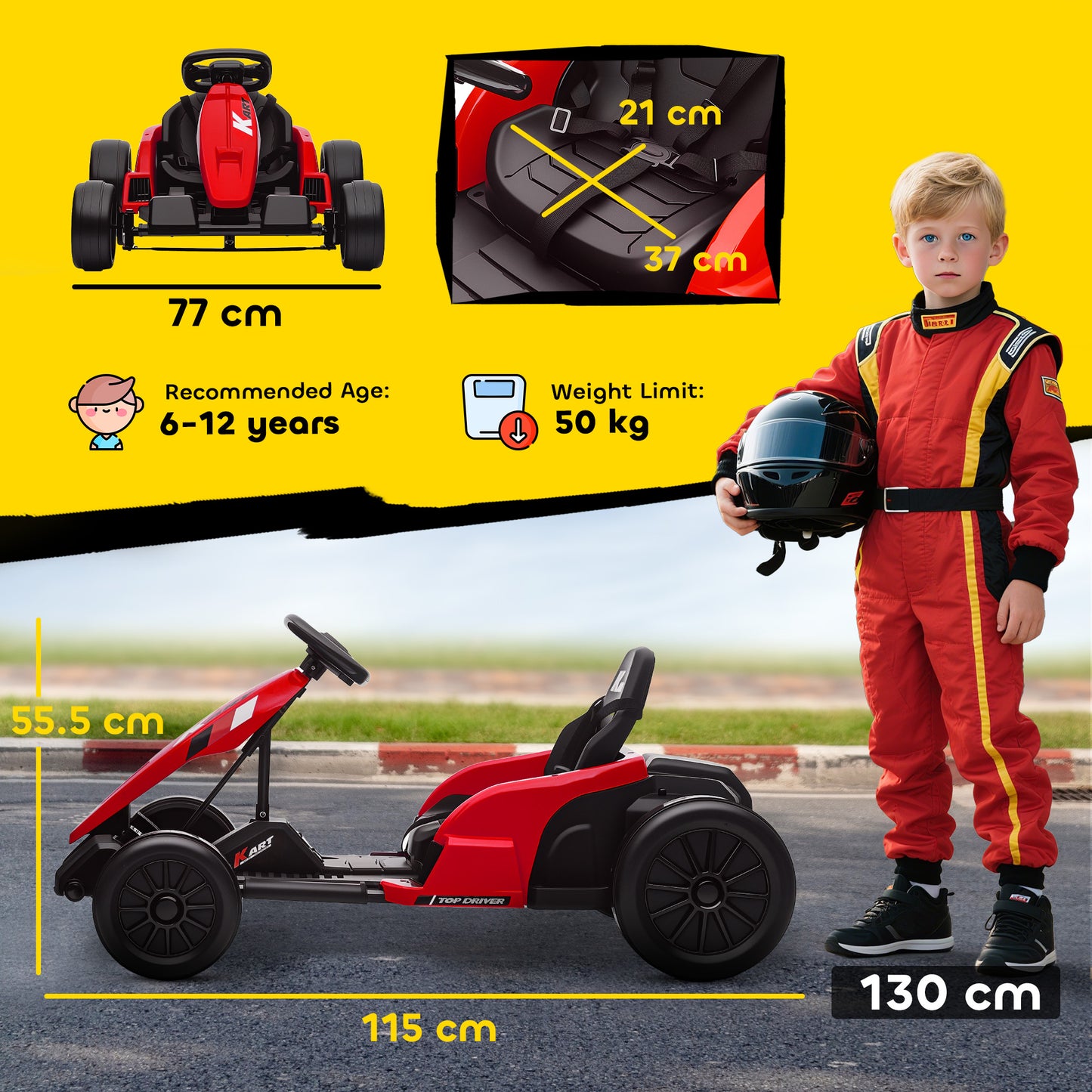 AIYAPLAY 24V Electric Go Kart, Drift Kart with Adjustable Seat, Slow Start, 5-Point Harness, Music, for 6-12 Years, Red