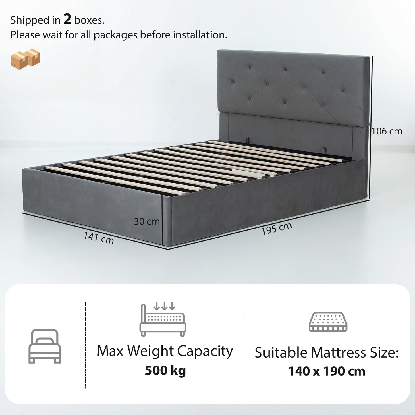 HOMCOM Double Bed Frame Gas End Lift Under Bed Storage Upholstered Platform Bed Tufted Headboard for 140 x 190 cm Mattress