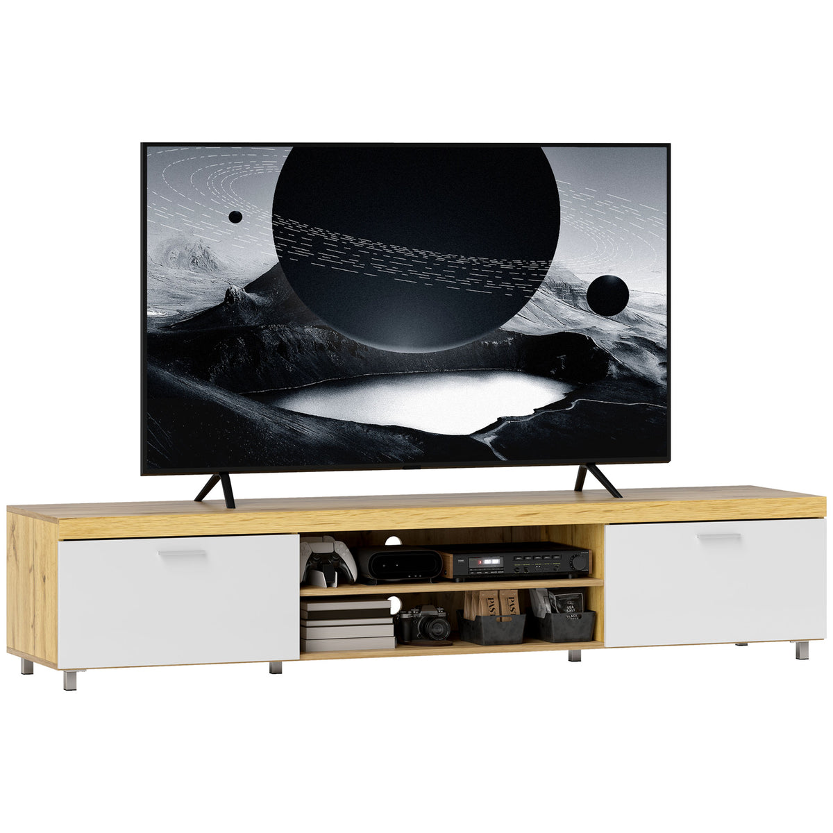 HOMCOM TV stand with oak-look top, white cabinet doors, open shelves, and metal legs