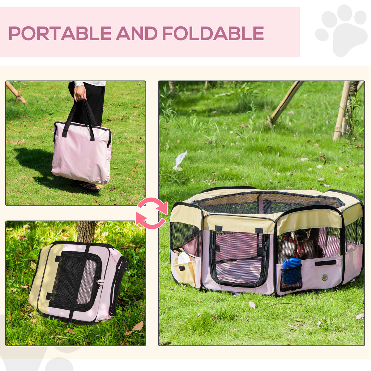 PawHut 600D Oxford Soft Fabric Kennel, Pet Whelping Box Lightweight Dog Cat Puppy Playpen Rabbit Guinea Pig Foldable Portable Play Pen in Pink With Carry Bag Small Dia 90 x 41Hcm