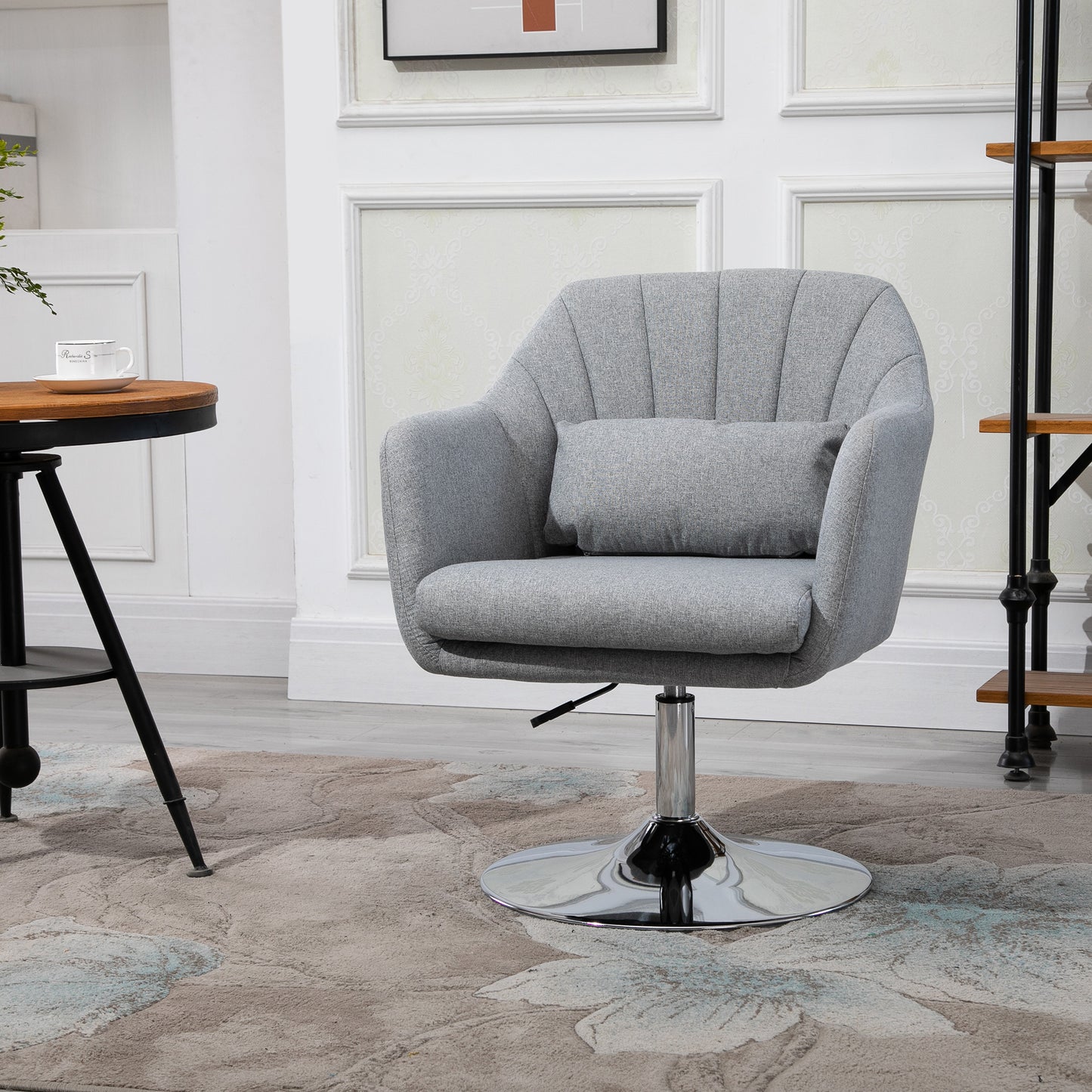 HOMCOM Swivel Accent Chair, Linen Fabric Tub Vanity Chair, Modern Armchair with Adjustable Height and Lumbar Support for Living Room Bedroom Salon Make up Room Dressing Table, Light Grey