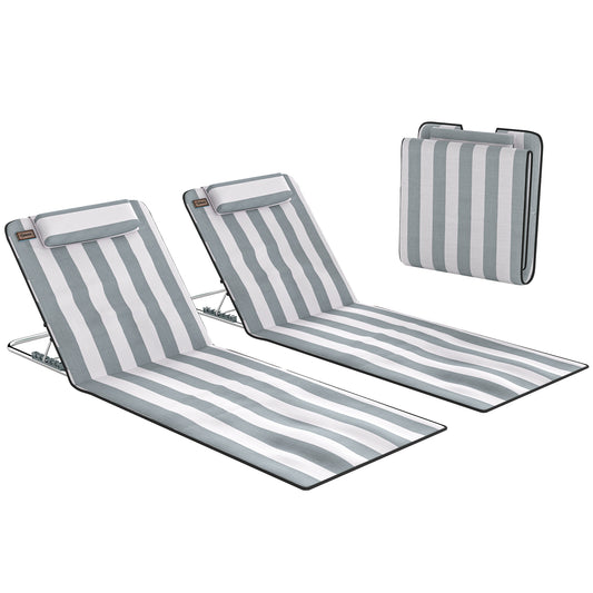 Photo of Outsunny Set of 2 Foldable Garden Beach Chair Mat Lightweight Outdoor Sun Lounger Seats Adjustable Back Metal Frame PE Fabric Head Pillow w/ Carry Bag, Light Grey in Grey colour on a white background