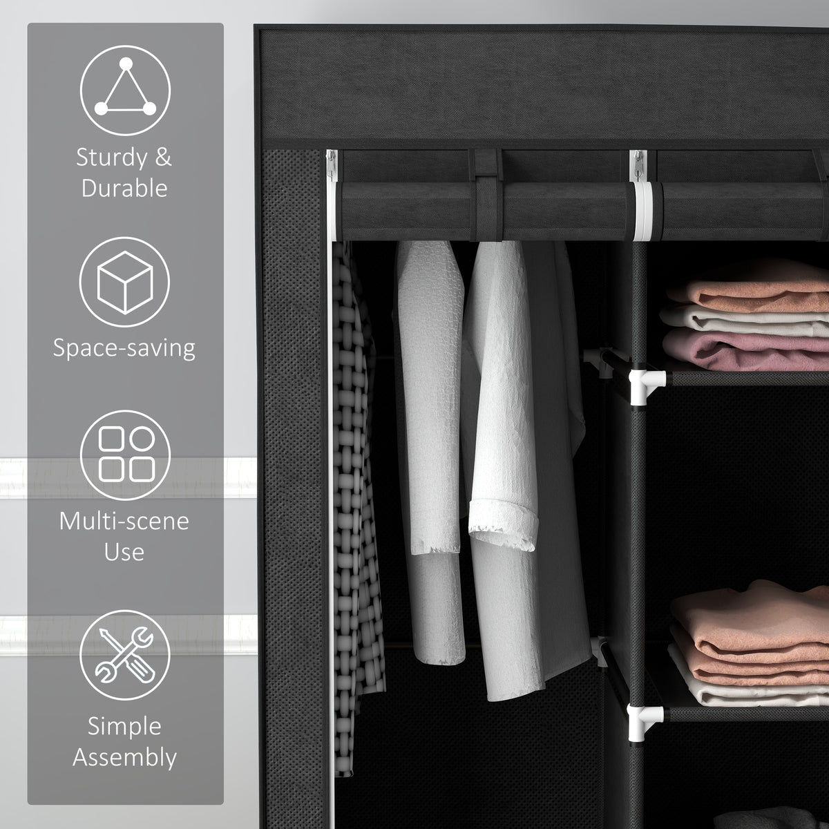 Open black fabric wardrobe showing hanging space and shelves