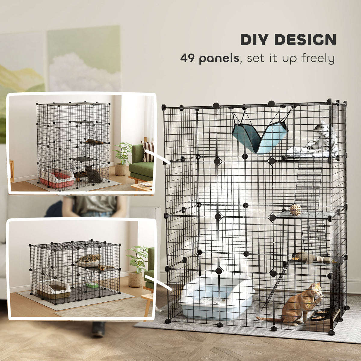 PawHut DIY cat cage shown in tall and low panel configurations