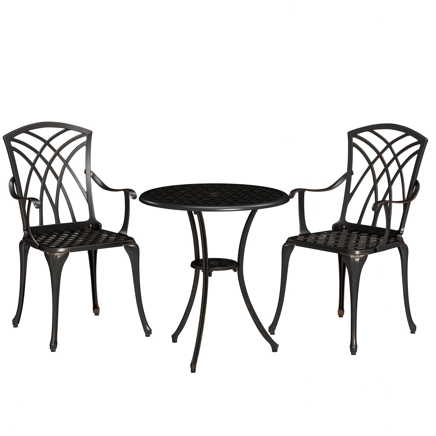 Photo of Outsunny 3 Pieces Garden Dining Set for 2, Cast Aluminium Outdoor Dining Set with 2 Armchairs and Round Dining Table with Parasol Hole, Garden Furniture Bistro Set, Bronze Tone in Tone colour on a white background