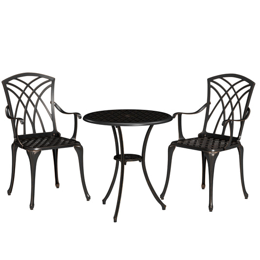Photo of Outsunny 3 Pieces Garden Dining Set for 2, Cast Aluminium Outdoor Dining Set with 2 Armchairs and Round Dining Table with Parasol Hole, Garden Furniture Bistro Set, Bronze Tone in Tone colour on a white background