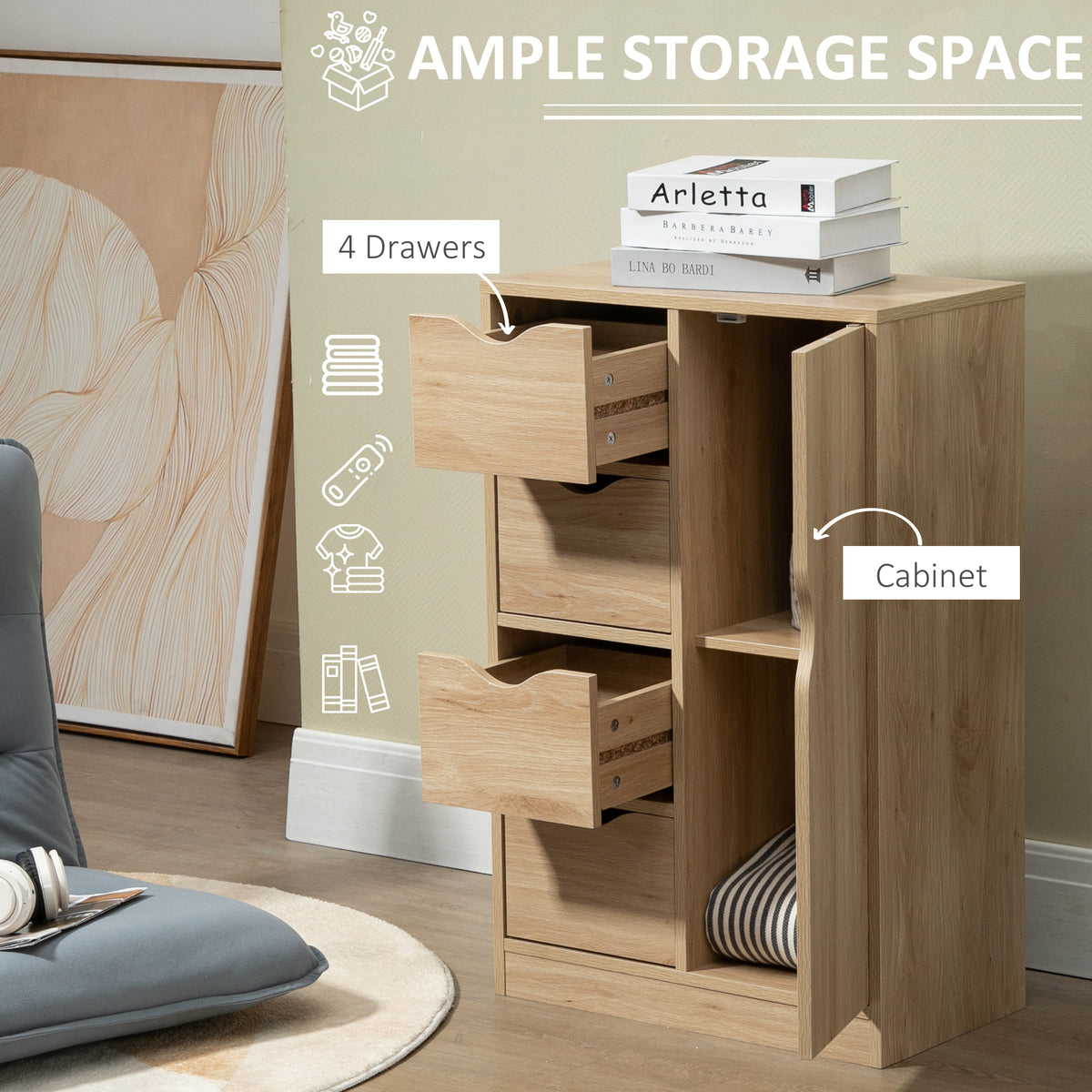 Natural wood storage cabinet with drawers and door open to show interior shelves