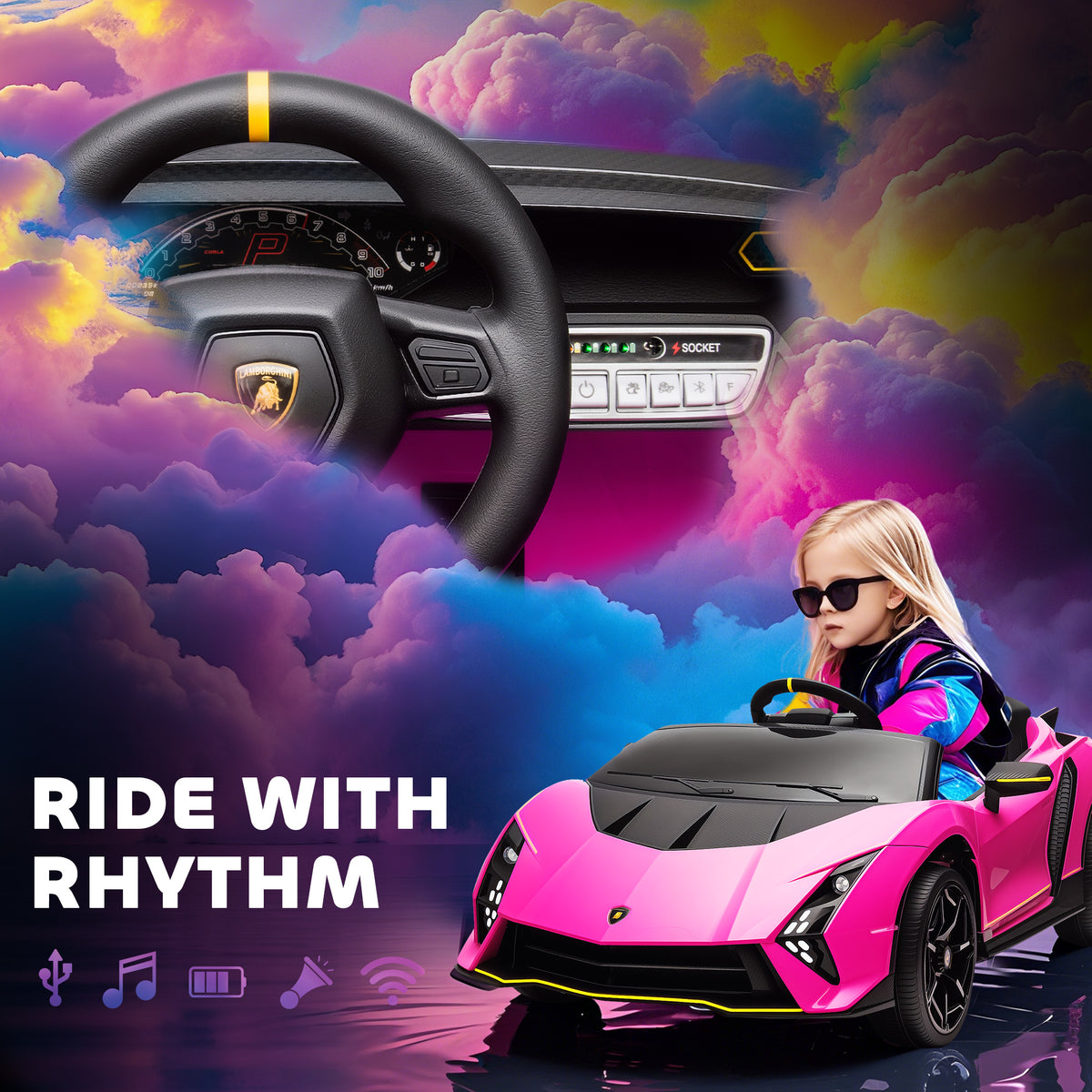 Pink Lamborghini Autentica ride-on car with dashboard, steering wheel, and audio controls