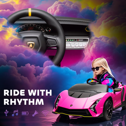 Pink Lamborghini Autentica ride-on car with dashboard, steering wheel, and audio controls