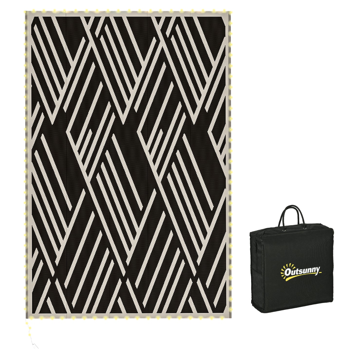 Photo of Outsunny Plastic Straw Reversible RV Outdoor Rug with LED String Light, 182 x 274cm, Black and Coffee in Coffee colour on a white background