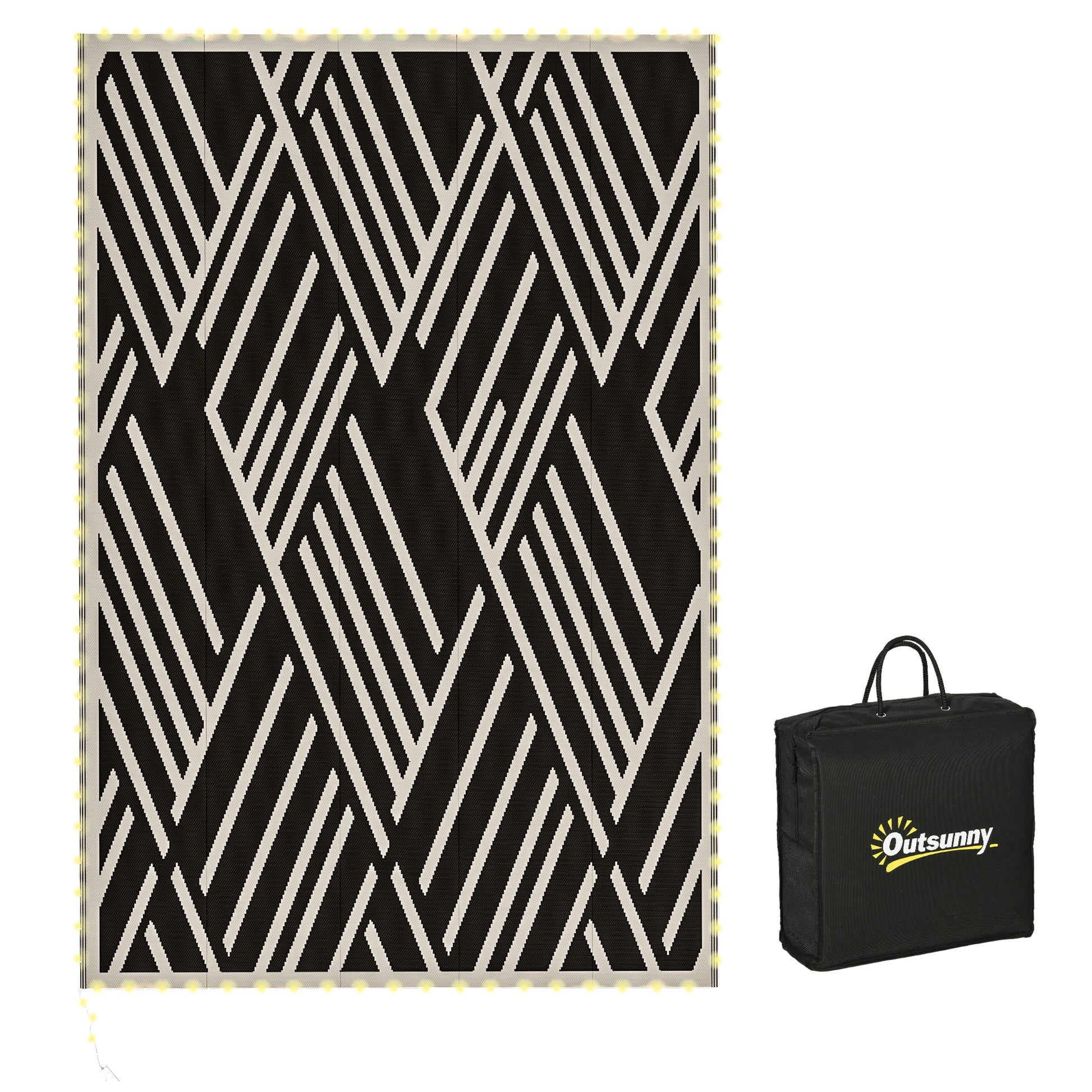 Photo of Outsunny Plastic Straw Reversible RV Outdoor Rug with LED String Light, 182 x 274cm, Black and Coffee in Coffee colour on a white background