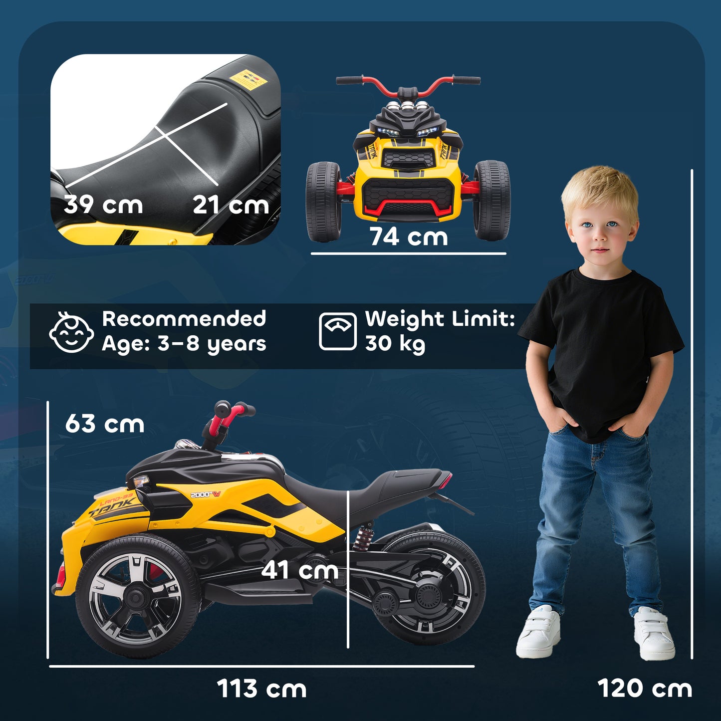 AIYAPLAY 12V Kids Electric Ride On Car with 3 Wheeler, MP3 Player, Horn, 2 Speeds, LED Lights for Boys & Girls Ages 3-8, Yellow