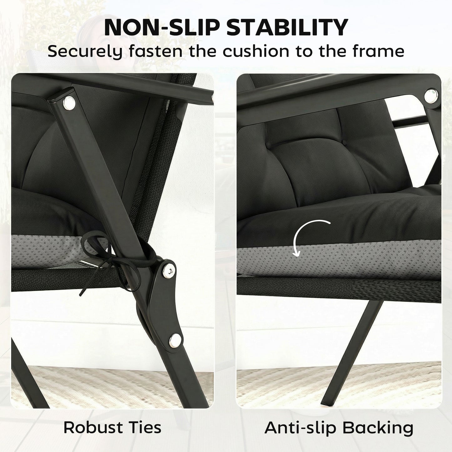 Outsunny Patio Chair Cushions Set of 4, Waterproof Non-Slip Lounge Chair Cushions, 112x53cm, Black