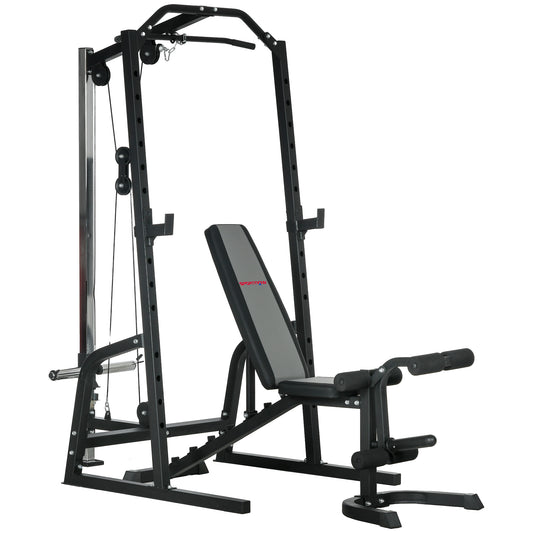 Photo of SPORTNOW Smith Machine & Cable Pulley System with Adjustable Weight Bench, Multifunction Home Gym Power Rack with Lat Pull Down System, Barbell Rack for Full Body Training, Black in Black colour on a white background