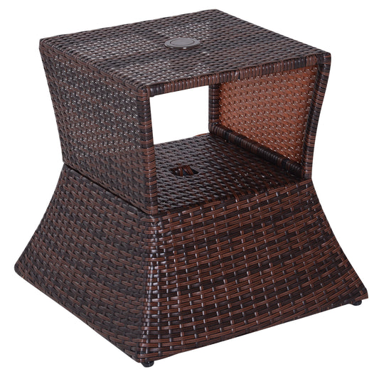 Photo of Outsunny Rattan Outdoor Coffee Table, Wicker Garden Patio Bistro Side Table with Umbrella Hole and Storage Space for Balcony, Porch, Brown in Brown colour on a white background