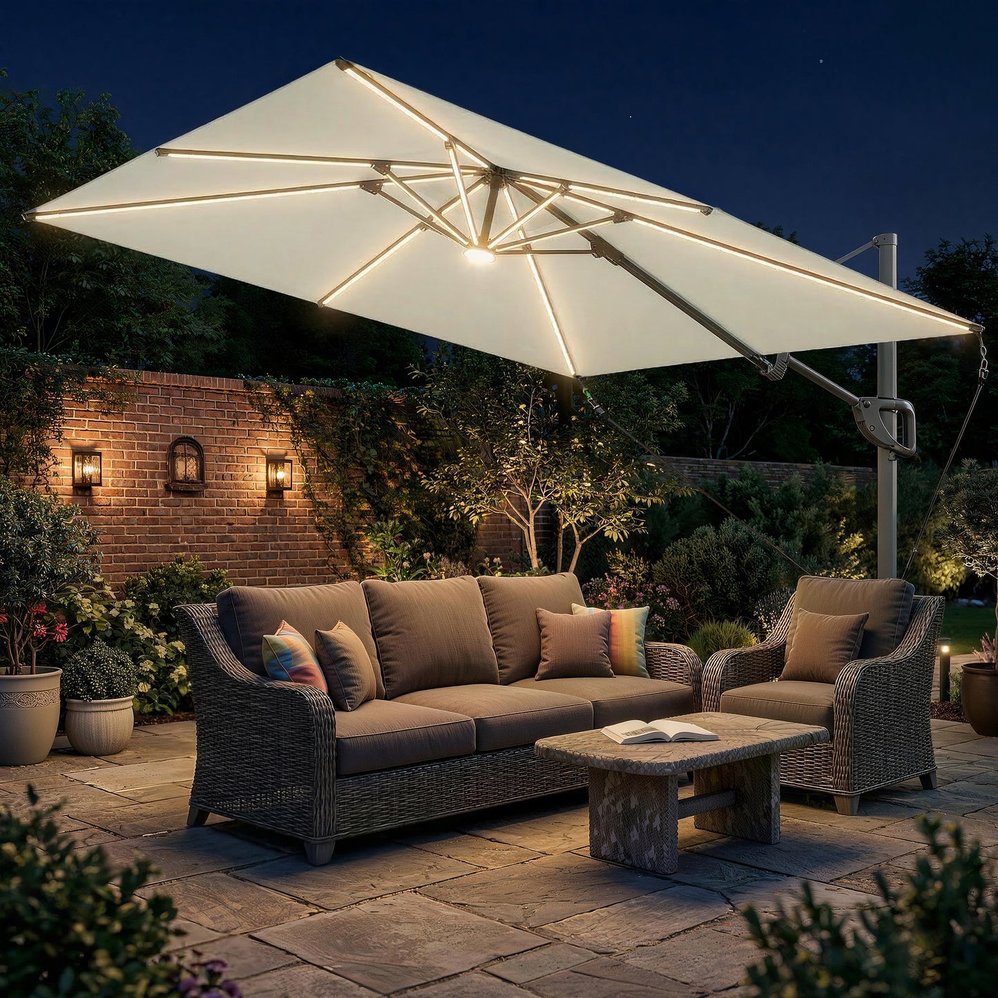 Outsunny 3 x 3 m Garden Cantilever Parasol w/ Light, Cover, UPF50+ Patio Umbrella w/ Wind Protection, 360° Rotation, Cream White