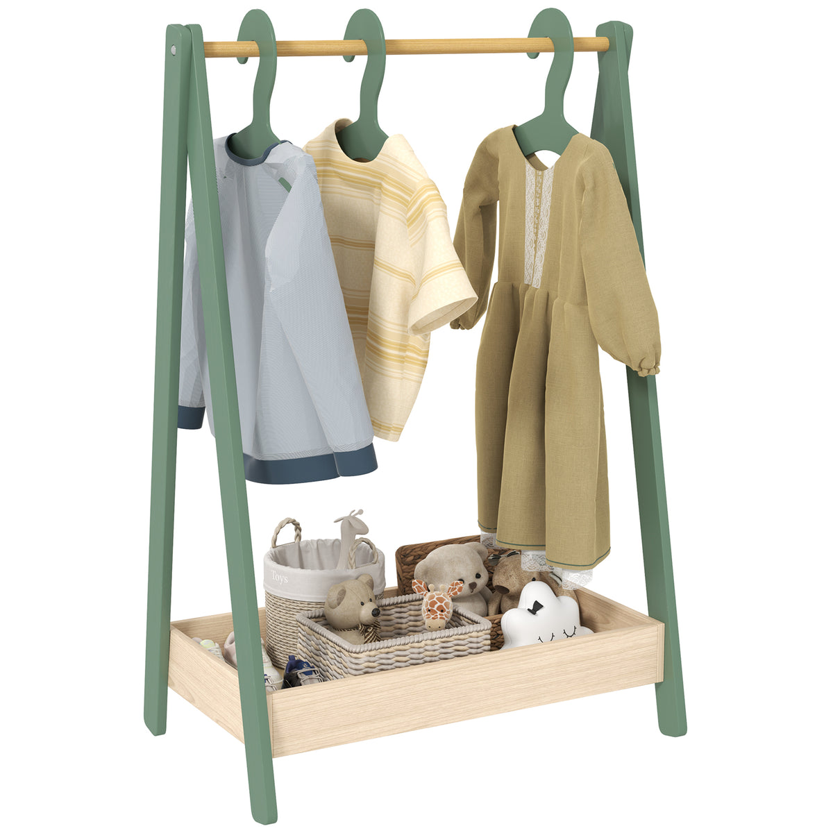 Photo of AIYAPLAY Kids Clothes Rail with 3Hangers, Bottom Storage Shelf for Girls, Boys, Nursery, Bedroom, Green in Green colour on a white background