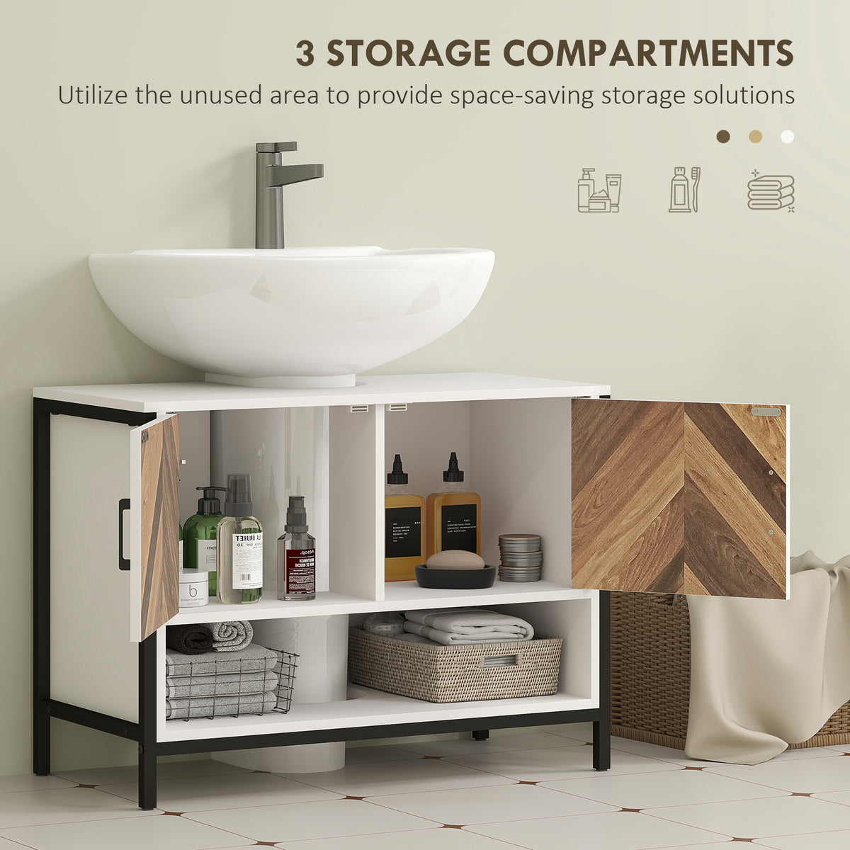 Under-sink cabinet with open storage compartments and walnut-patterned doors