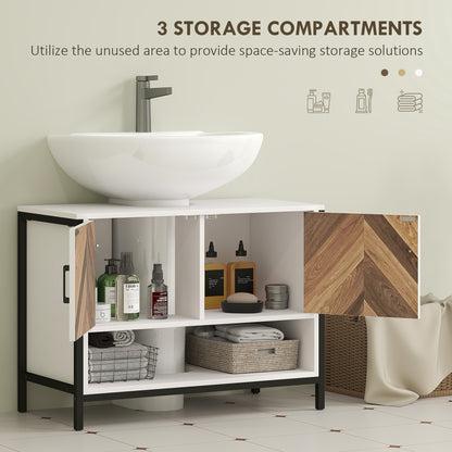 Under-sink cabinet with open storage compartments and walnut-patterned doors
