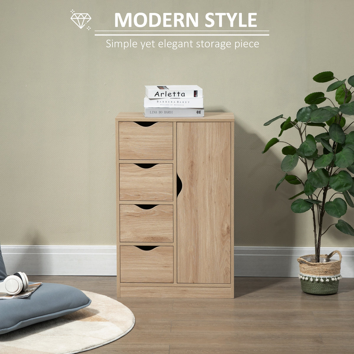 Natural wood bathroom storage cabinet with four drawers and a single door