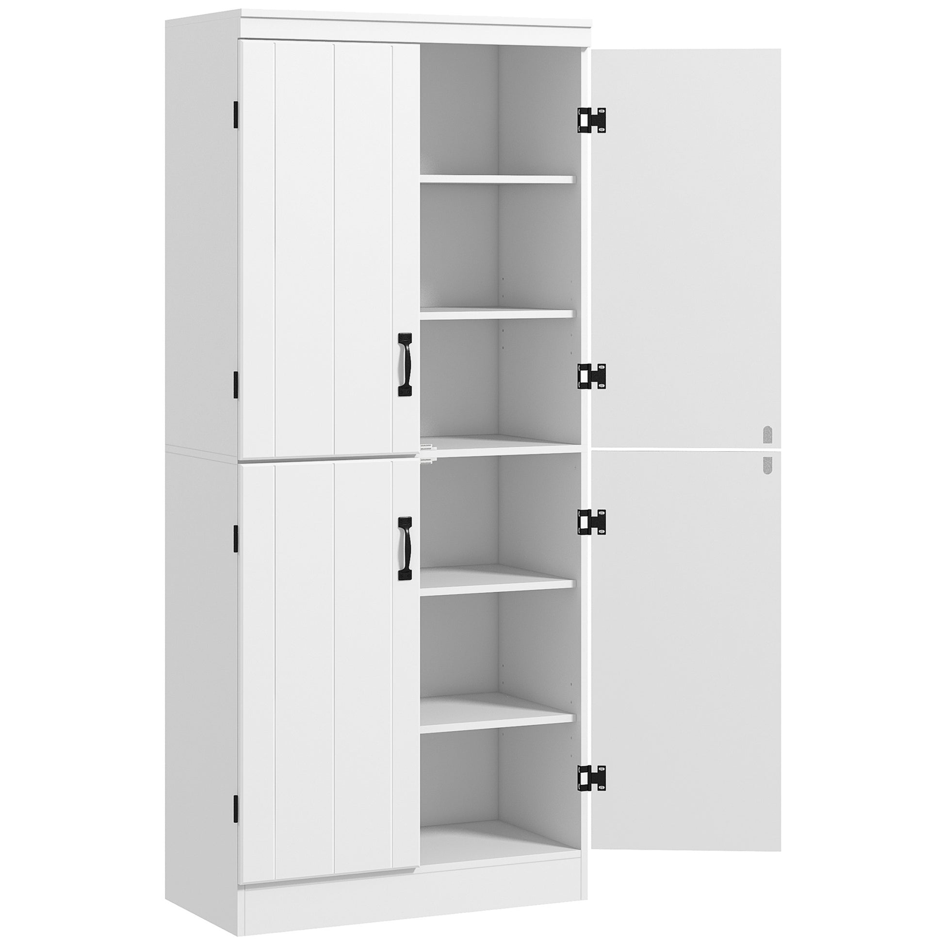 Photo of HOMCOM 4-Door Tall Kitchen Cupboard, Freestanding 6-Tier Storage Cabinet with 2 Adjustable Shelves for Living Room, Dining Room, White in White colour on a white background