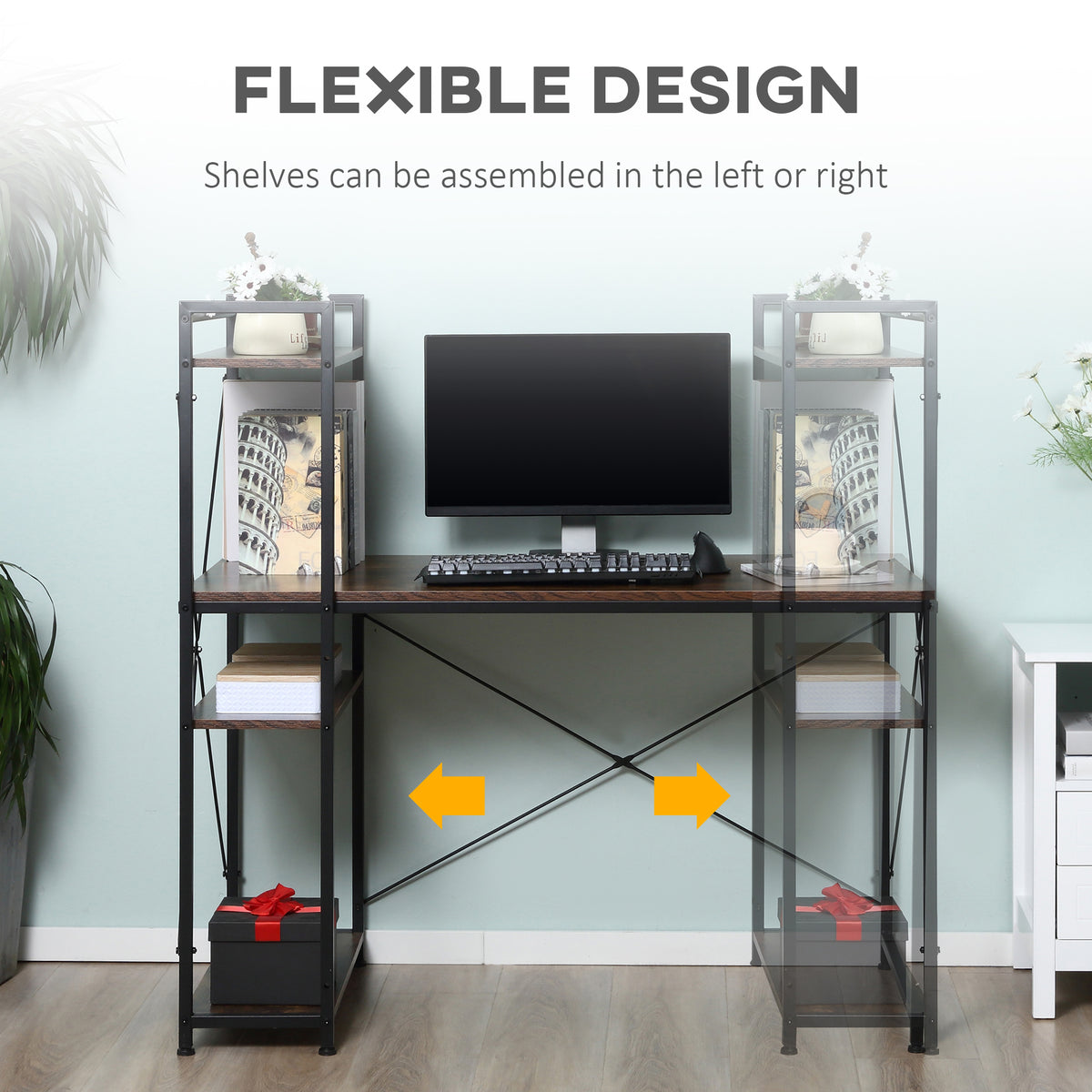 Reversible computer desk with left and right storage shelves and black metal frame