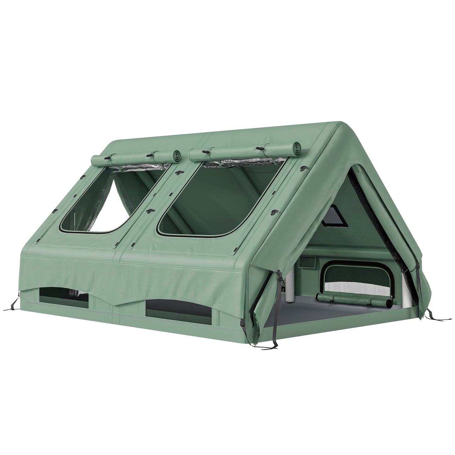 Photo of Outsunny Inflatable Camping Tent, 4 Season Hot Tent 10000mm Waterproof with Chimney Opening, Sky Light and Air Pump, Green in Green colour on a white background