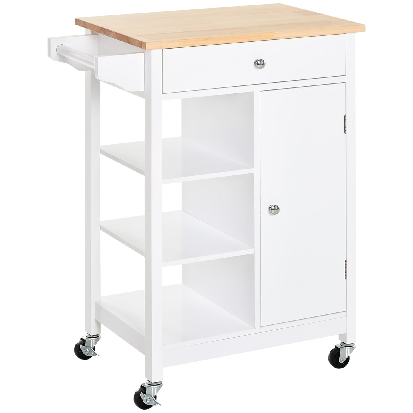 Photo of HOMCOM Kitchen Trolley, Kitchen Island on Wheels, w/ Wood Top, 3 Shelves and Storage Cupboard, White in White colour on a white background