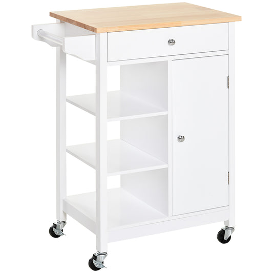 Photo of HOMCOM Kitchen Trolley, Kitchen Island on Wheels, w/ Wood Top, 3 Shelves and Storage Cupboard, White in White colour on a white background
