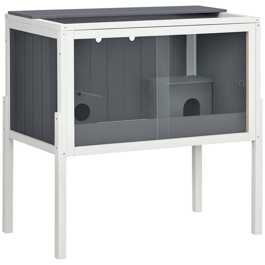 Photo of PawHut Wooden Hamster Cage for Dwarf Hamsters, Gerbils, Rutin Chicken, with Shelf, Two Huts - Grey in Grey colour on a white background