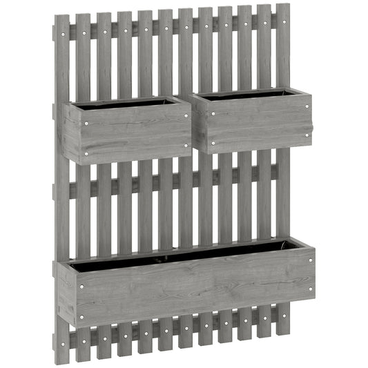 Photo of Outsunny Wall-mounted Wooden Garden Planters with Trellis, Drainage Holes and 3 Planter Boxes for Patio, Grey in Grey colour on a white background