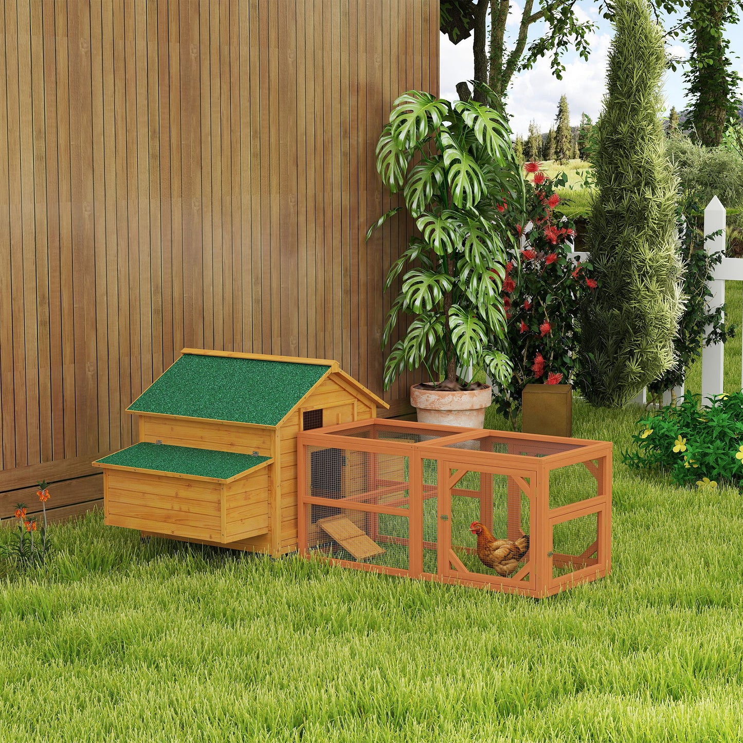 PawHut 2 Piece Wooden Chicken Coop and Run Set, Poultry Run Cage with Nesting Box, Slide-Out Tray, for 4-8 Chickens, Yellow