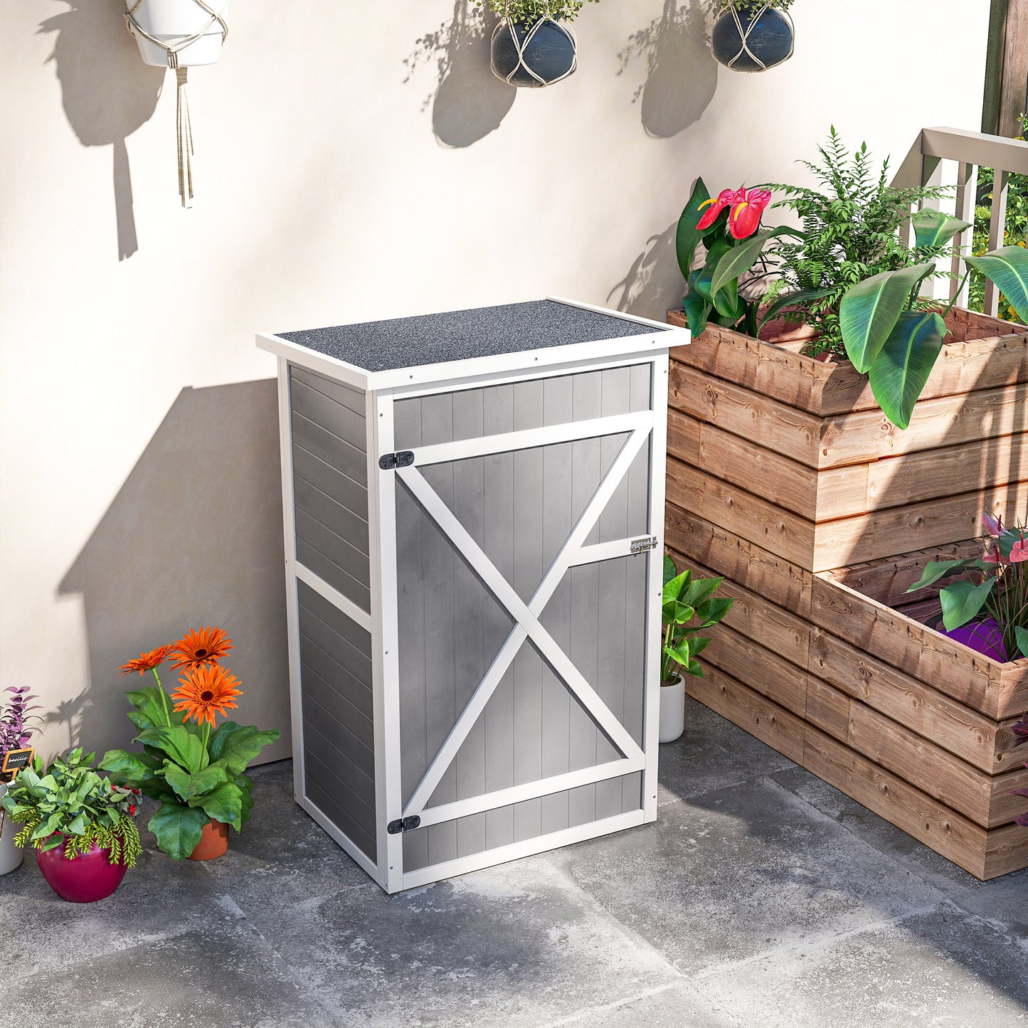 Outsunny Wooden Small Shed, 75L x 56W x115H cm Garden Storage Shed with Shelves and Bolt Latch, Grey