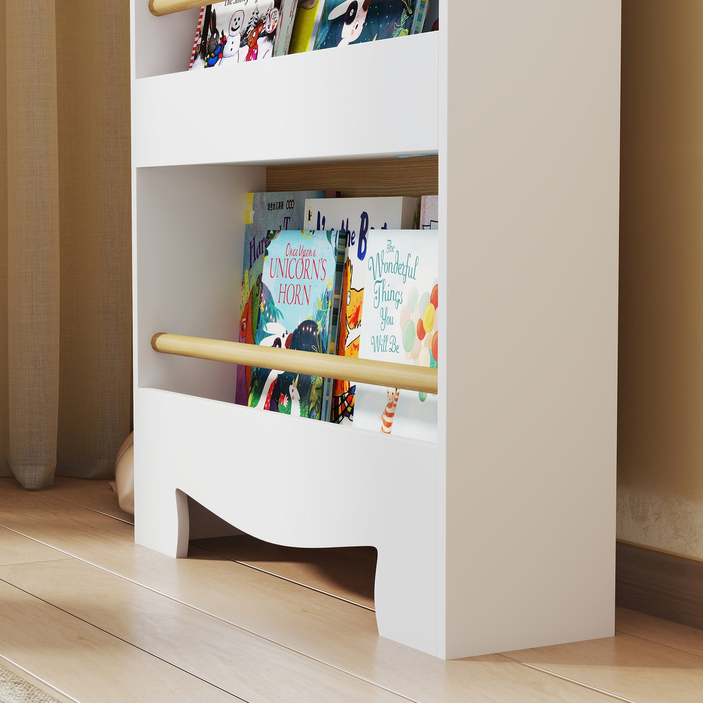AIYAPLAY Kids Bookshelf, 3 Tier Children Bookcase, Bear Theme Toddler Space-Saving Bookcase for Living Room, White