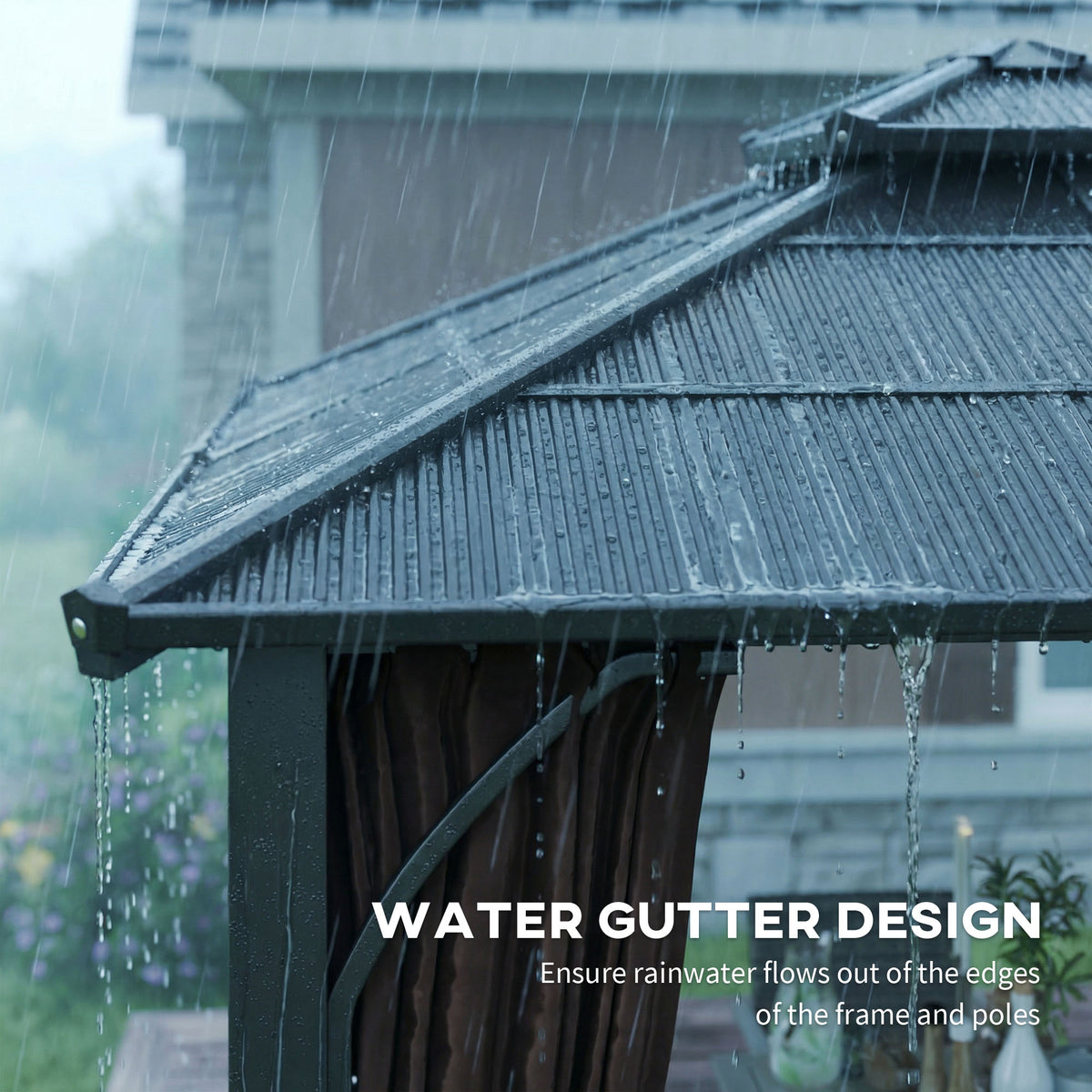 Outsunny gazebo roof with water gutters and tied brown curtains