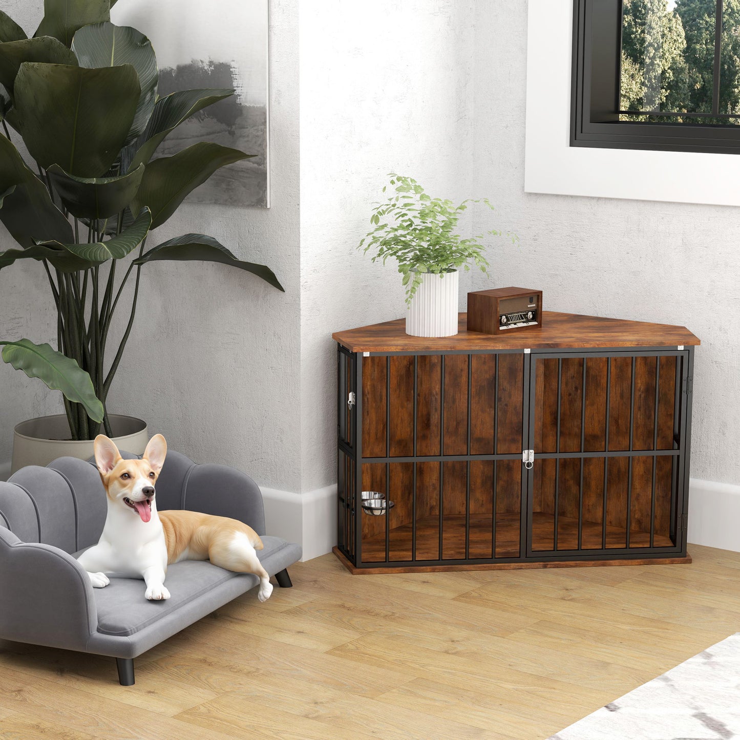 PawHut Corner Dog Crate Furniture with Two Bowls, Lockable Doors, for Small, Medium Dogs, Rustic Brown