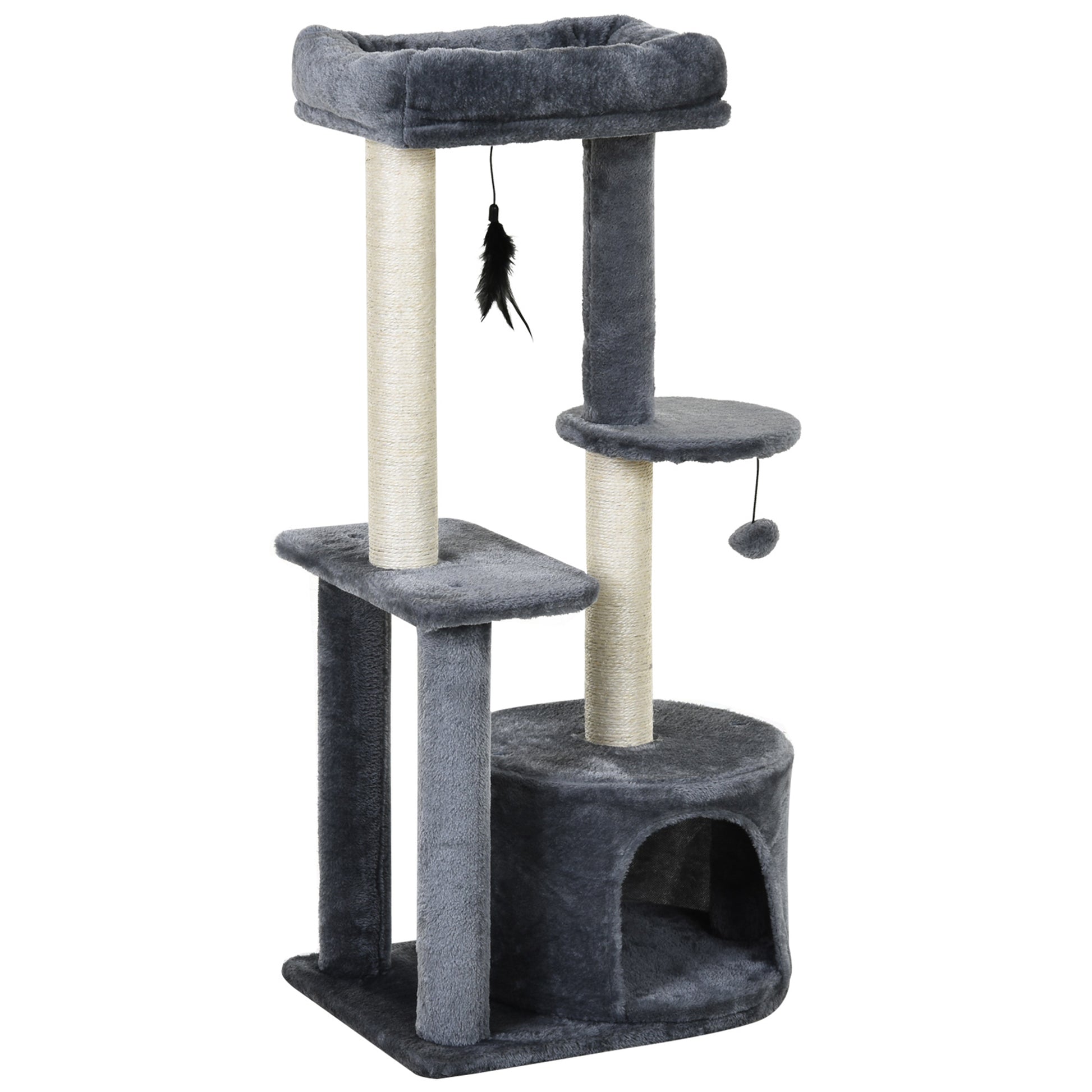 Photo of PawHut 100cm Cat Tree for Indoor Cats, Cat Tower Condo for Kittens with Cat House Sisal Scratching Posts, Hanging Ball Toys, Perches - Grey in Grey colour on a white background