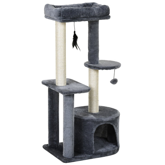 Photo of PawHut 100cm Cat Tree for Indoor Cats, Cat Tower Condo for Kittens with Cat House Sisal Scratching Posts, Hanging Ball Toys, Perches - Grey in Grey colour on a white background