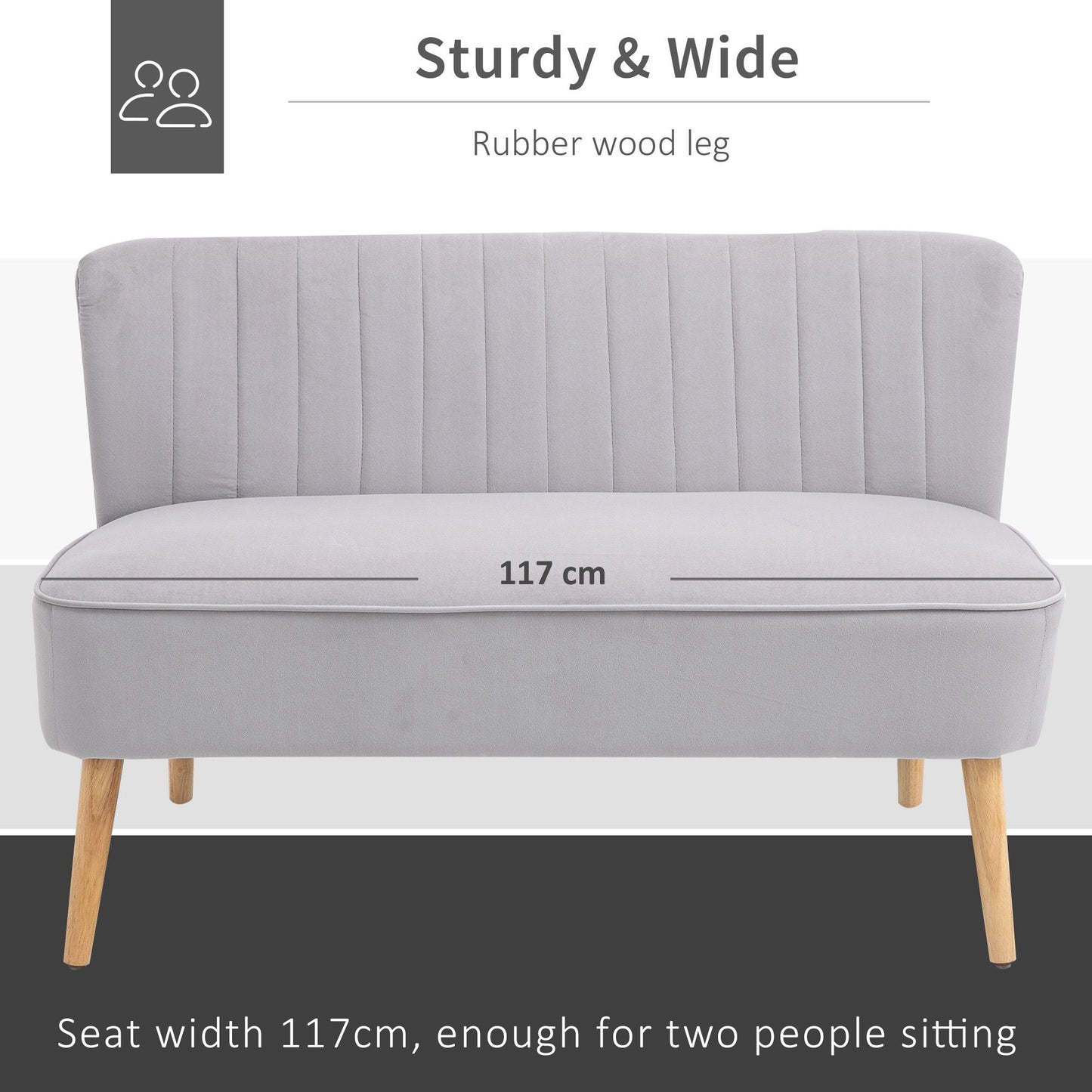 HOMCOM Modern Velvet Double Seat Sofa w/ Wood Frame Foam Padding Soft Comfortable Compact Couch Light Grey