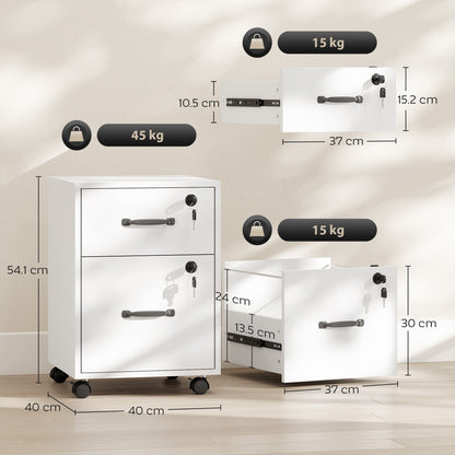 White two-drawer filing cabinet shown with dimensions and drawer weight limits