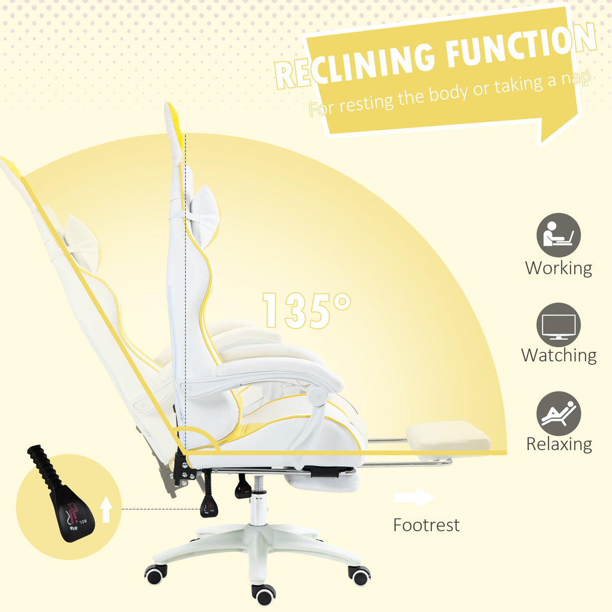 Vinsetto Gaming Chair with Rabbit Ears and Footrest, Ergonomic Computer Chair for Girls Adults, with Headrest, Lumbar Support, Reclining Back, Swivel Wheels, Yellow and White