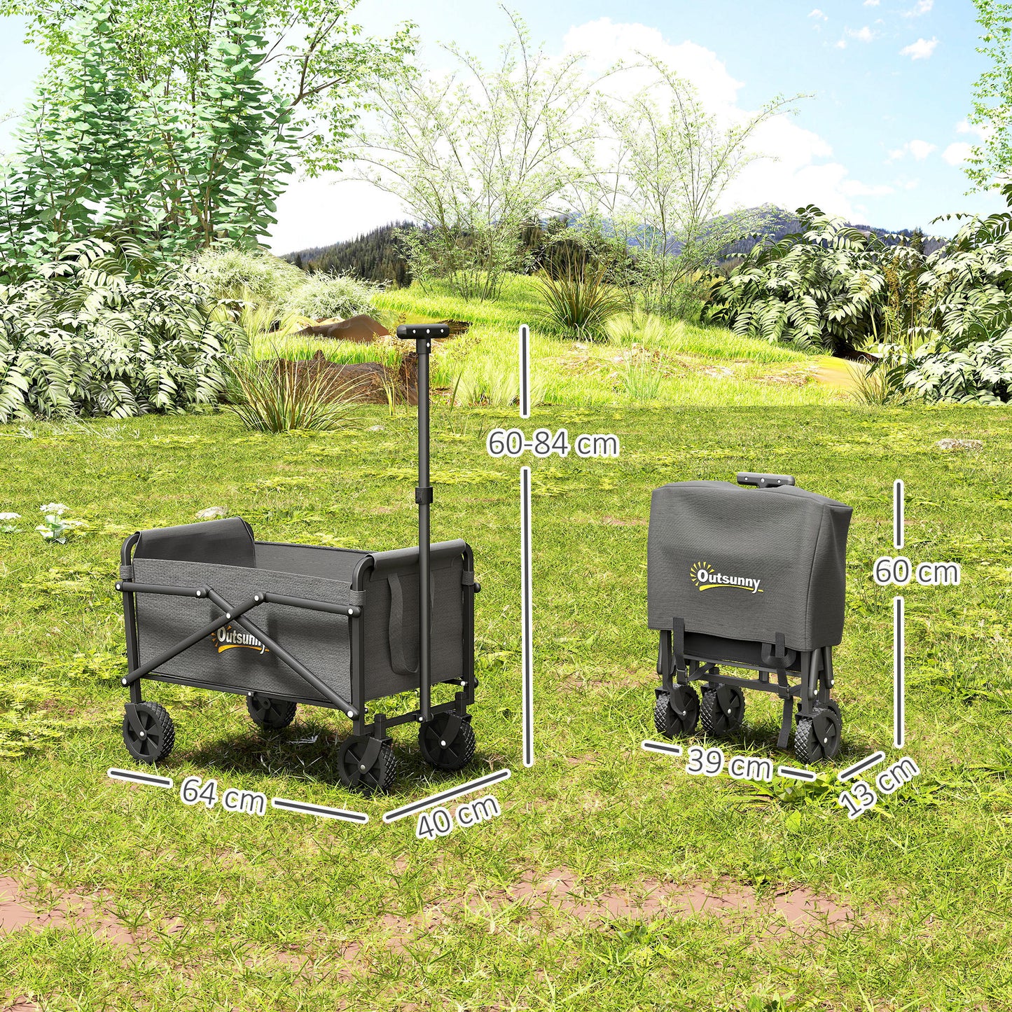 Outsunny 62L Festival Trolley on Wheels, Portable Small Folding Trolley Cart, 60kg Heavy Duty Collapsible Foldable Wagon with Adjustable Handle and Carrying Bag for Beach, Camping, Garden, Grey