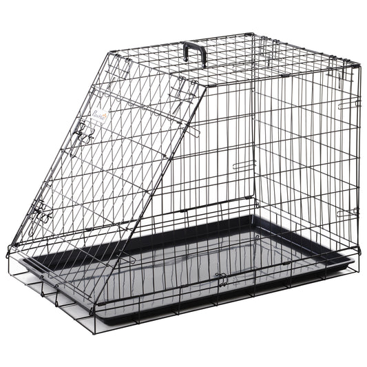 Pawhut black wire dog crate with sloped front, top handle, and removable tray
