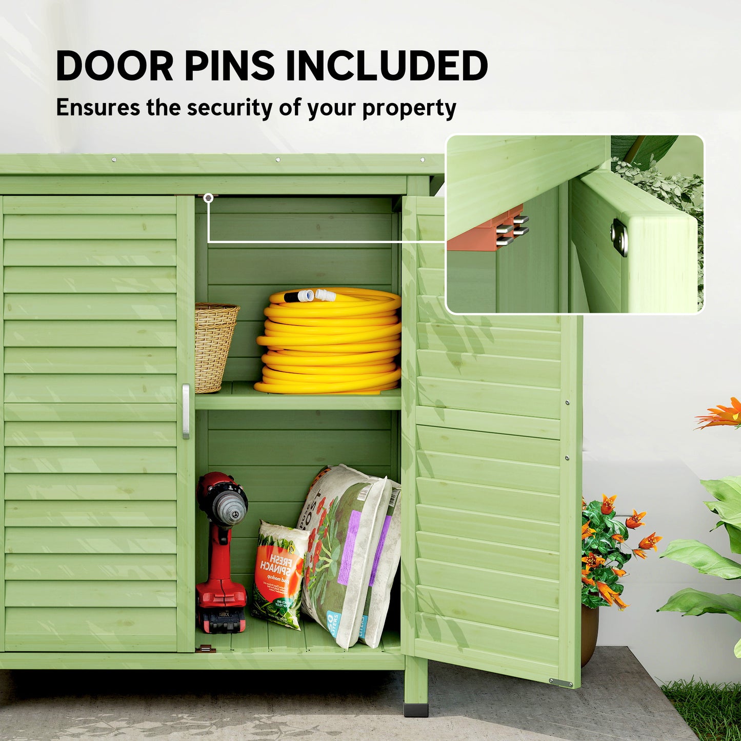 Outsunny Garden Shed Wooden Garden Storage Shed 2 Door Unit Solid Fir Wood Garage Tool Organisation Cabinet, 87L x 46.5W x 96.5Hcm, Green