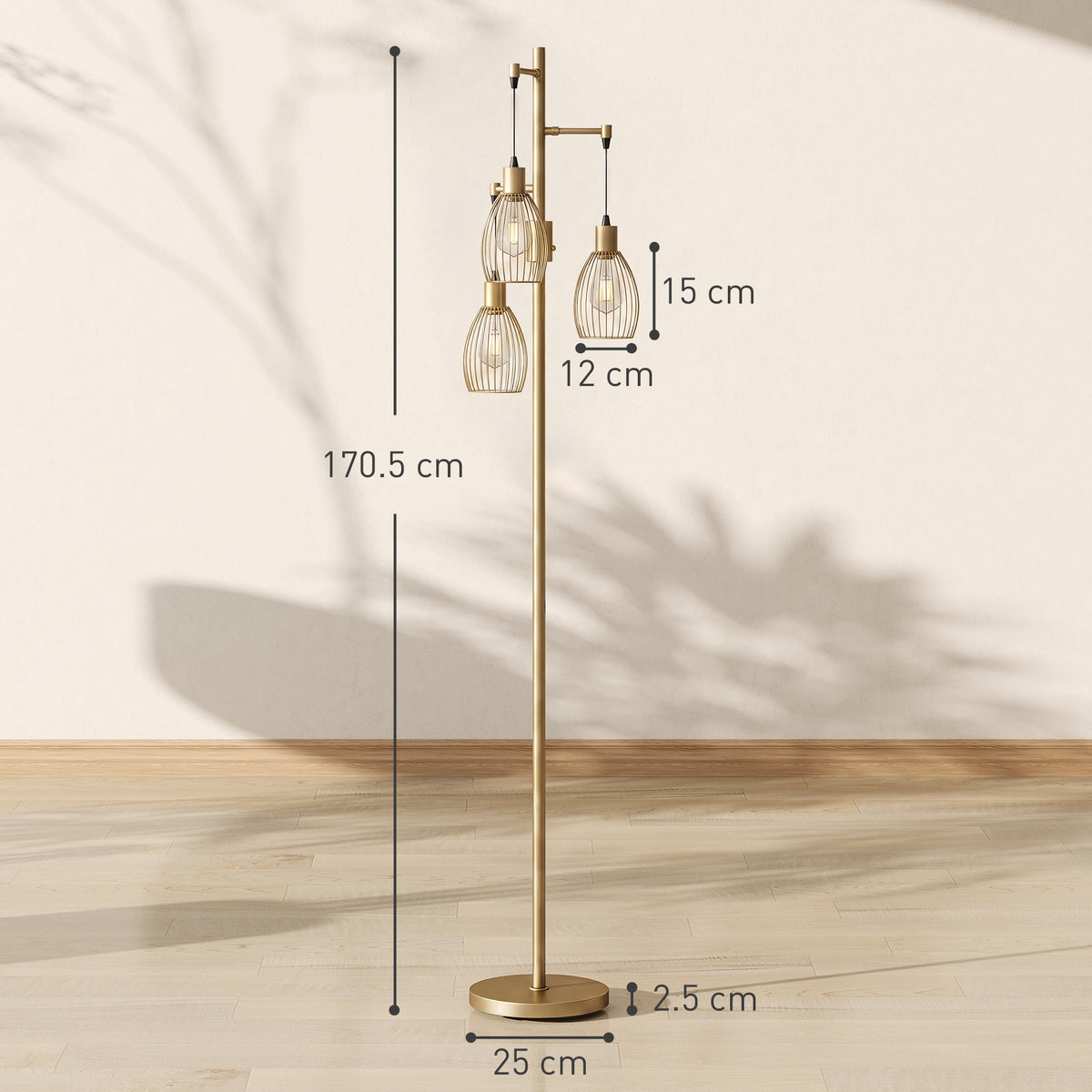 HOMCOM 170.5cm Industrial Dimmable Standing Lamp, 3-Light Floor Lamp with Steel Wire Cage Lampshades, Gold Tone