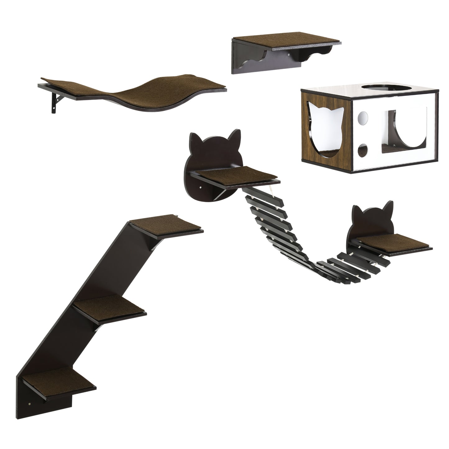 Photo of PawHut 5 Piece Cat Wall Shelves, Wall-Mounted Cat Tree for Indoor Use - Brown in Brown colour on a white background